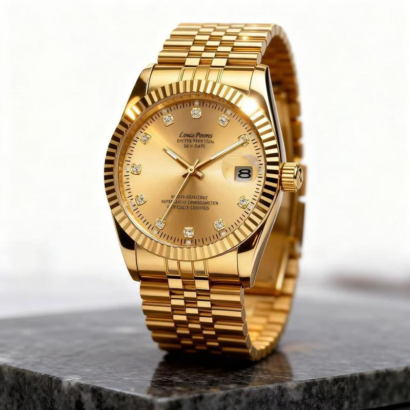 Louis Poems Gold Diary Luxury Business Watch - Men's Waterproof Quartz Timepiece