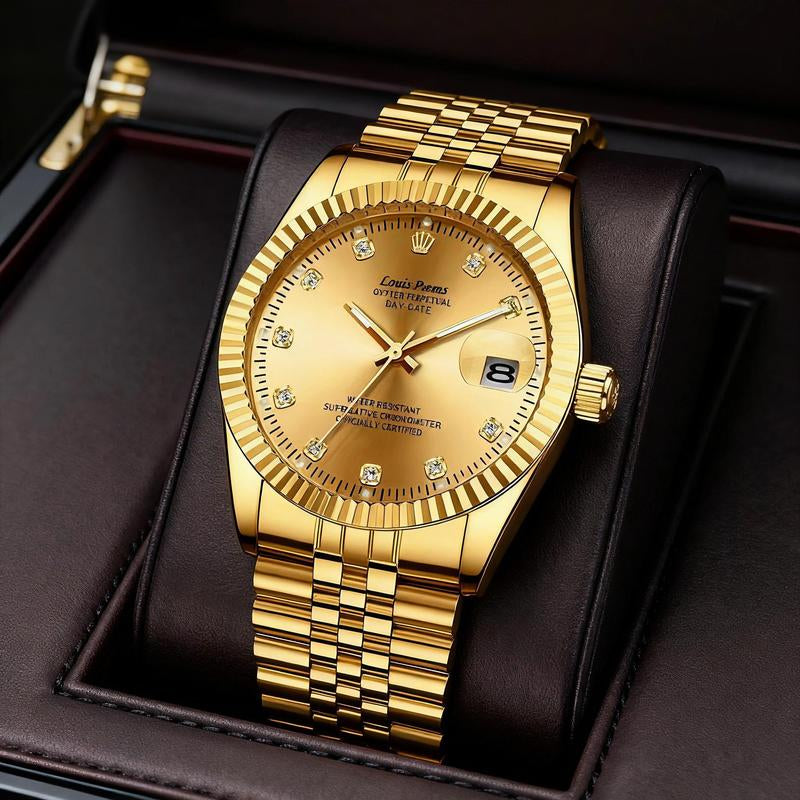 Louis Poems Gold Diary Luxury Business Watch - Men's Waterproof Quartz Timepiece